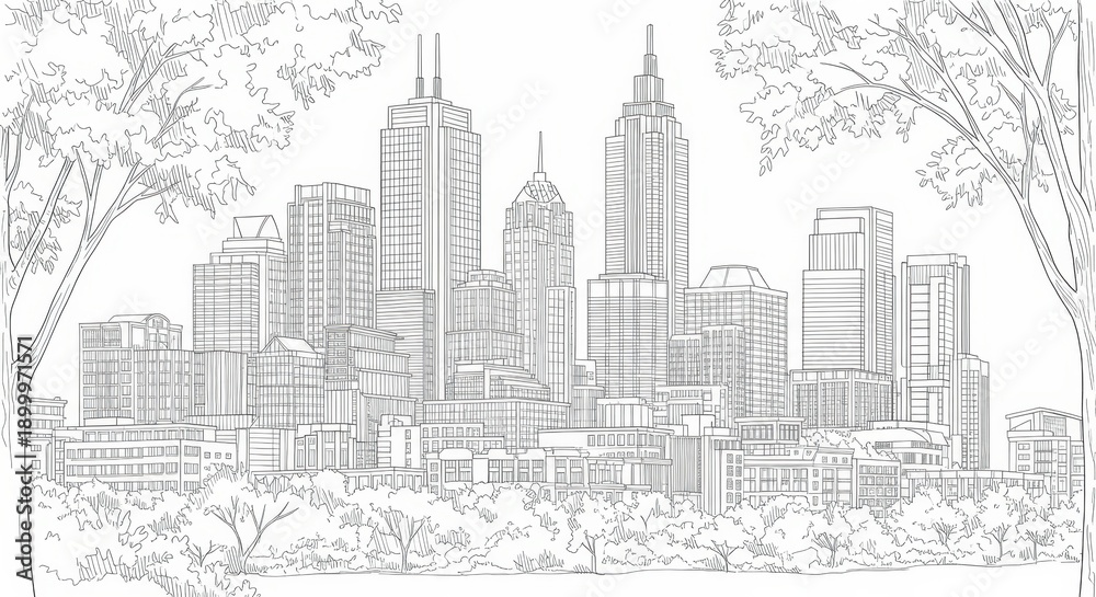 Fototapeta premium City Skyline Sketch Illustration with Modern Buildings and Urban Trees