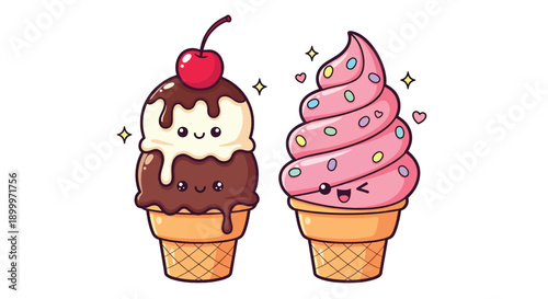 Two adorable kawaii ice cream cones with sprinkles and cherry topping.