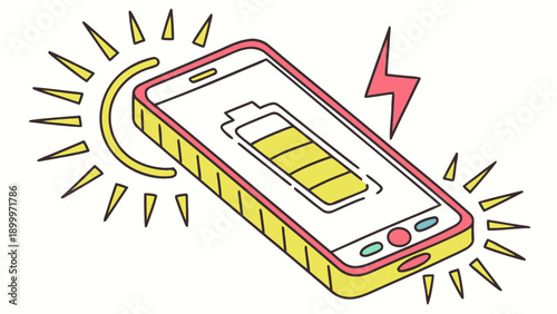 Cartoon smartphone with a fully charged battery glowing, a symbol of energy and efficiency.