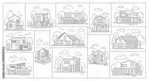 Modern House Line Art Collection: Minimalist Architectural Residential Buildings Set