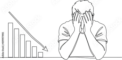 Man covering face with hands next to declining bar graph person stressed frustrated