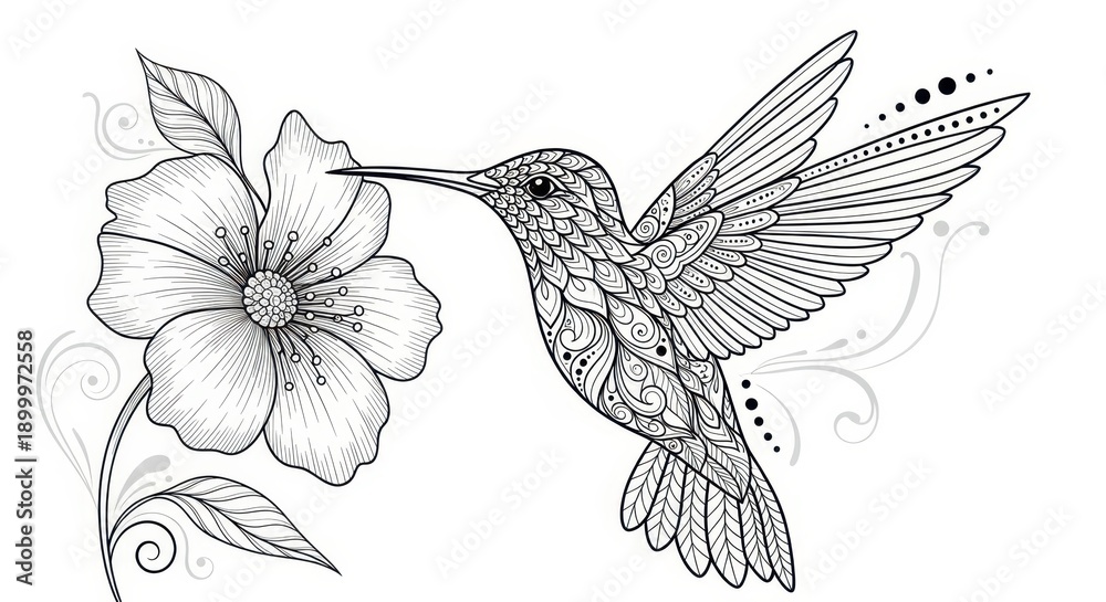 Obraz premium Hummingbird and Flower Zentangle Style Line Art Illustration