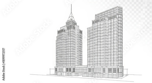 Architectural sketch of modern city buildings line art drawing