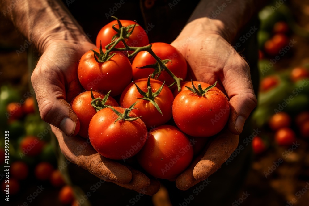 Fototapeta premium Farmer's hands are carefully collecting ripe red tomatoes from the garden