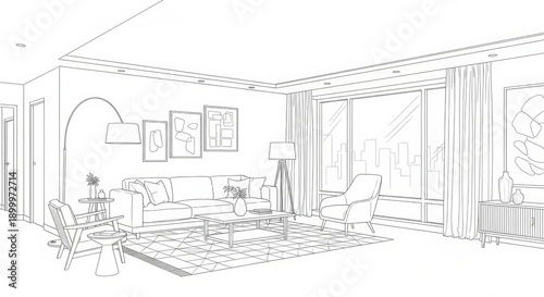 Modern Living Room Interior Sketch: Contemporary Home Design Architectural Drawing