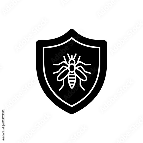 Black solid silhouette vector icon of shield with mosquito inside, malaria prevention concept,