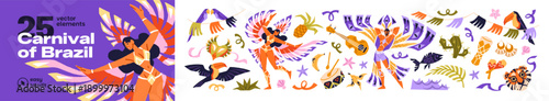 Carnival of Brazil set. Design elements of brasil festival. Celebration of Brazilian party in Rio. Latin American fest with dancers, masks and maracas. Flat isolated vector illustrations on white.