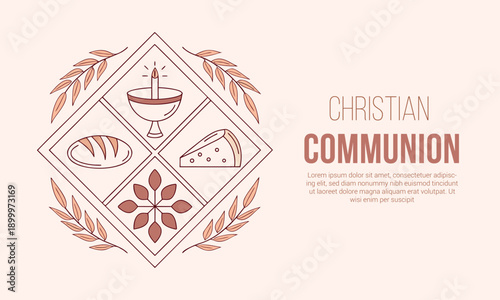 Elegant vector illustration symbolizing christian communion with key religious elements in a decorative frame