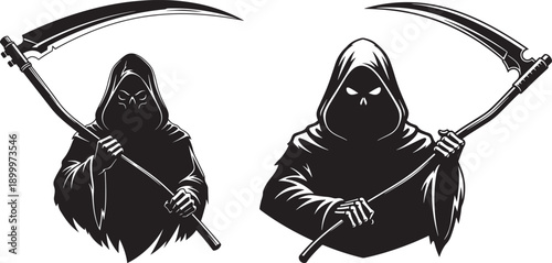 Two grim reapers with scythes, symbolizing death, mortality, or the end of life.