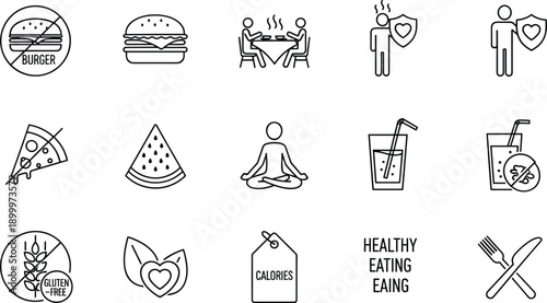 Healthy eating and lifestyle icons set for diet, wellness, and nutrition balance