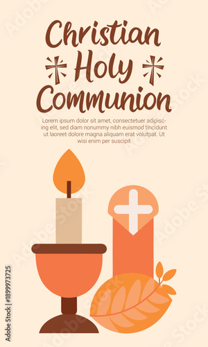 Illustrative design for christian holy communion featuring a chalice, lit candle, and host with cross.