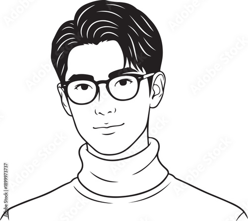 Futuristic boy using VR goggles in virtual world, ink line illustration