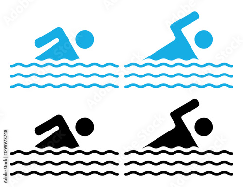 Swimming outline icon. Linear vector pictogram of swimmer in freestyle style. Minimal black and blue swimming symbol for pool, beach and water sport design.