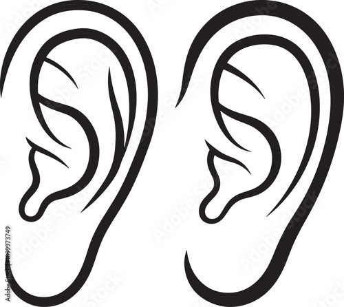 Stylized black and white illustration of two human ears, representing hearing, listening, or sound perception.