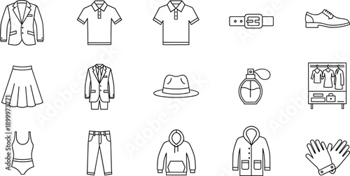 Collection of clothing and accessory icons for men and women, wardrobe and fashion items, simple line art