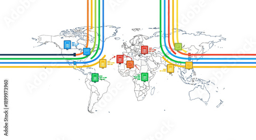 Global Data Transfer Network Infrastructure. Colorful Lines Connecting Server Icons on a Detailed World Map Outline.