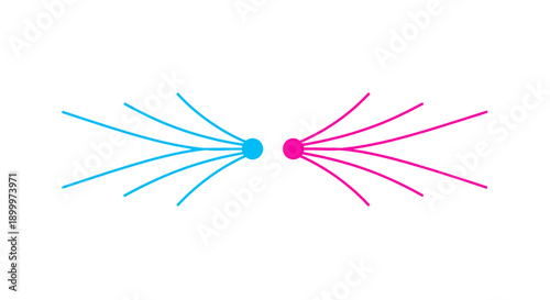 Abstract Data Flow: Blue and Pink Nodes with Diverging Lines Representing Connection, Opposing Forces, Gender, or Dynamic Interaction. Minimalist Vector Icon.
