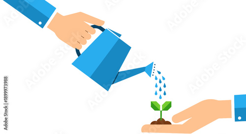 Financial Investment and Business Growth: Hand Watering Small Seedling Plant. Development, Startup Nurturing, and Support Concept.