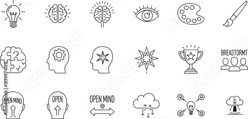 Creative and innovation thin line icon set featuring lightbulb brain puzzles gears and brainstorming group symbols