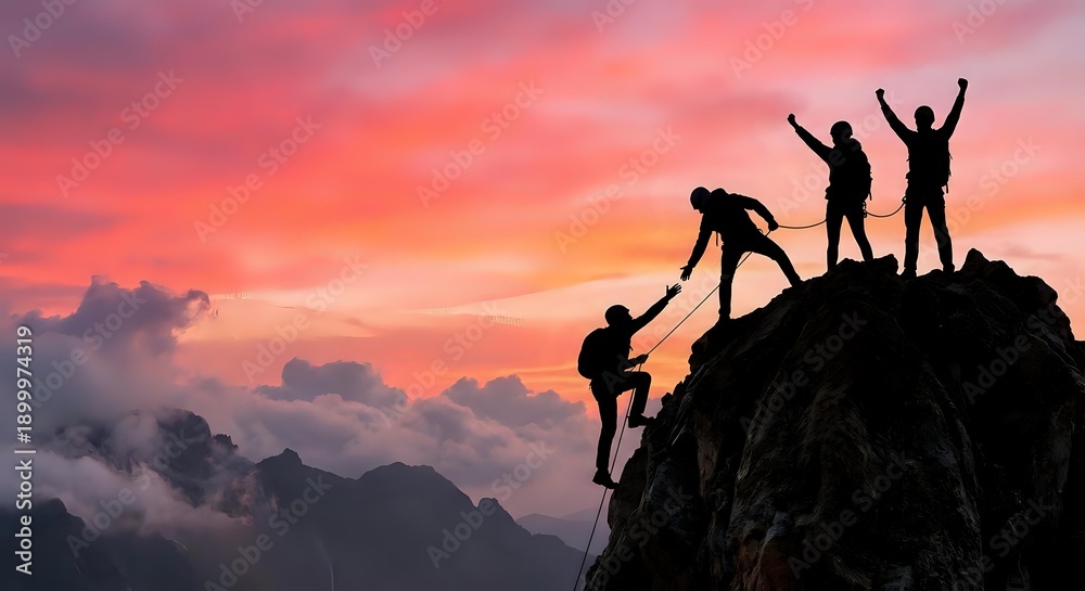 Naklejka premium Team of climbers helping each other reach mountain summit at dramatic sunset with pink sky. Teamwork, leadership and success concept for business motivation.