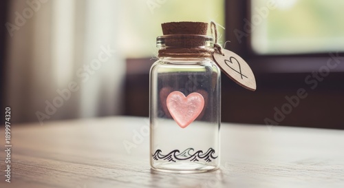 Pink Heart in a Glass Bottle with Cork Stopper, Symbolizing Love and Hope