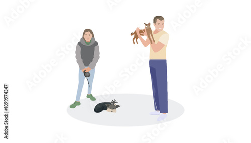 A cartoon illustration of a man and woman with their pets