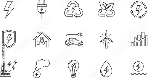 Collection of 15 vector line icons representing energy, ecology, and sustainable technology concepts