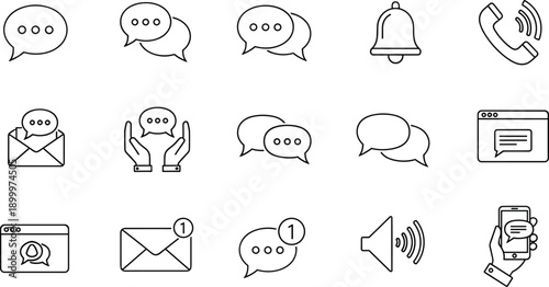 Set of 15 vector line icons depicting communication, messaging, and notification concepts