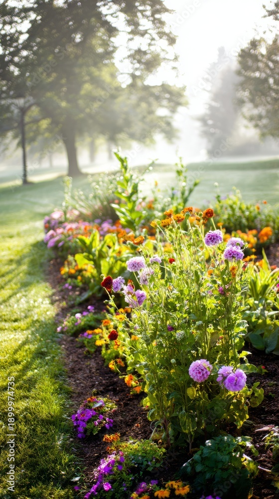 Naklejka premium dew. A vibrant flower bed bathed in morning mist, creating a dreamy English garden atmosphere. gardening catalogs, home-decor guides, designed for gardening and botanical catalogs. 