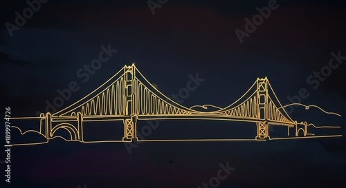 Golden Gate Bridge Neon Outline Illustration on Dark Background