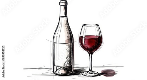Hand-Drawn Sketch of Red Wine Bottle and Glass on White Background