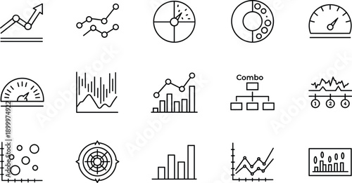 Data analysis and statistics icons with charts graphs pie charts speedometer and performance indicators