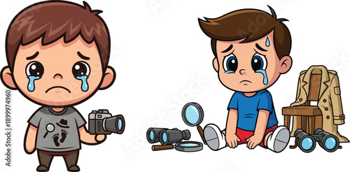 Sad cartoon boys with broken camera and scattered equipment expressing disappointment, failure, and emotional childhood moment isolated on white background for education and stock illustration use