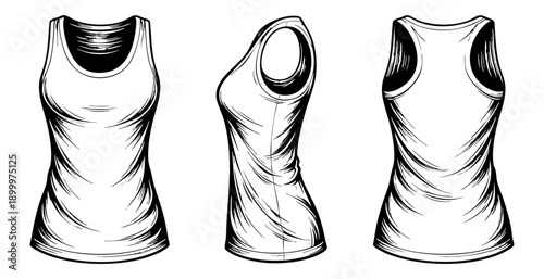 Women sleeveless tank top illustration set with front, side and back views mock-up