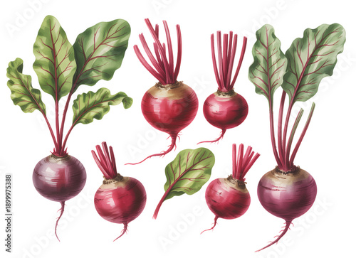 Fresh garden beets with stems and leaves painted in soft natural watercolor style.
