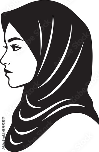 Minimalist solid black silhouette profile of a woman wearing a hijab, modest fashion concept.