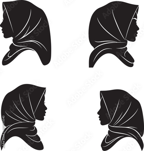 Minimalist solid black silhouette profile of a woman wearing a hijab, modest fashion concept.