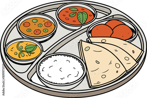 Indian Thali Traditional Meal Food Illustration. Traditional Indian Thali Platter Meal Illustration. Indian Thali Set Traditional Cuisine Illustration. Indian Thali Complete Meal Food Illustration