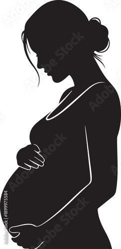  Minimalist solid black silhouette of a pregnant woman standing gracefully, pregnancy and new life concept.