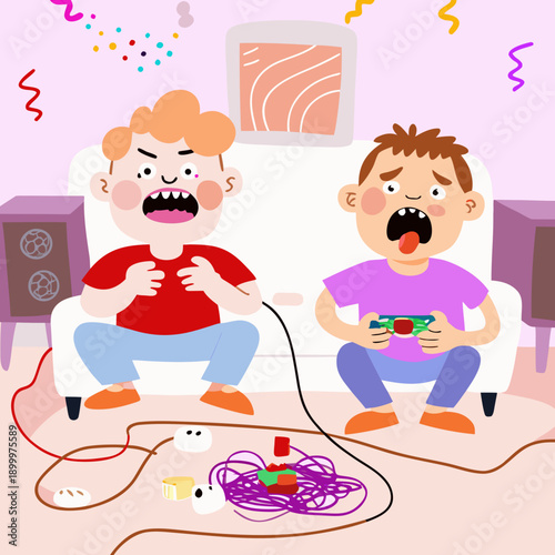 Two teenage boys gaming intensely on a couch with exaggerated expressions