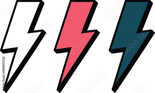 Three lightning bolts in black white red and blue electricity