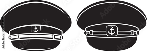 Two black silhouettes of navy captain hats with anchor emblem, nautical symbols