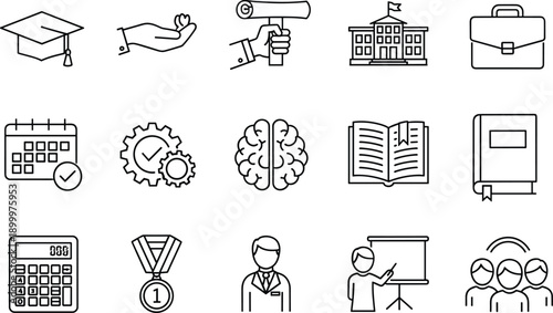 Education and professional learning icon collection with graduation cap school building brain and teacher symbols