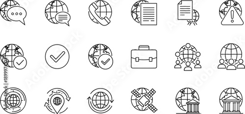 Global business and international communication icons depicting worldwide connectivity and trade with earth and globe