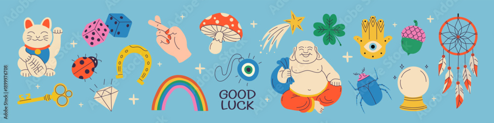 Fototapeta premium Lucky symbol vector set with fortune and good luck elements. Magic talismans. Horseshoe, dice, ladybug, Maneki Neko, hamsa hand, mushroom, clover, evil eye and shooting star. Flat illustrations 