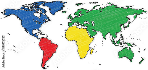 Color-coded world map displays continents divided into distinct geographical regions for educational reference.