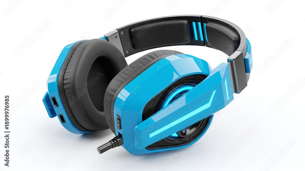 Fototapeta premium Blue and black camouflage pattern over ear headphones with black cushions and a 3.5mm audio jack 1