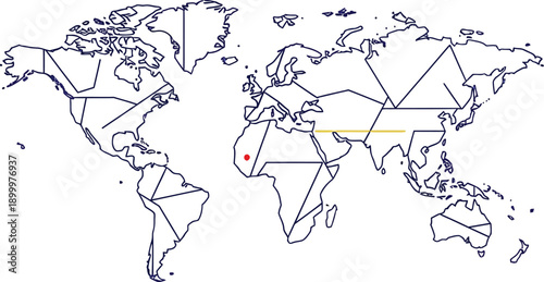 World map graphic displays abstract connecting lines over continents with a single red location marker placed in West Africa.