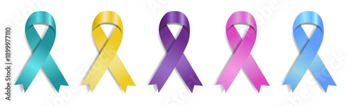 World Cancer Day. Different colors Ribbon Set Isolated on White Background. Satin Bow Cancer Awareness Symbol. 3D Multicolored Element Ribbon with Gradient.Breast Cancer, Mammary Gland, Lungs