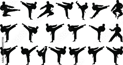 Abstract falling human silhouettes set, people tumbling kicking rotating freefall motion poses, black figures pattern isolated on gray background illustration